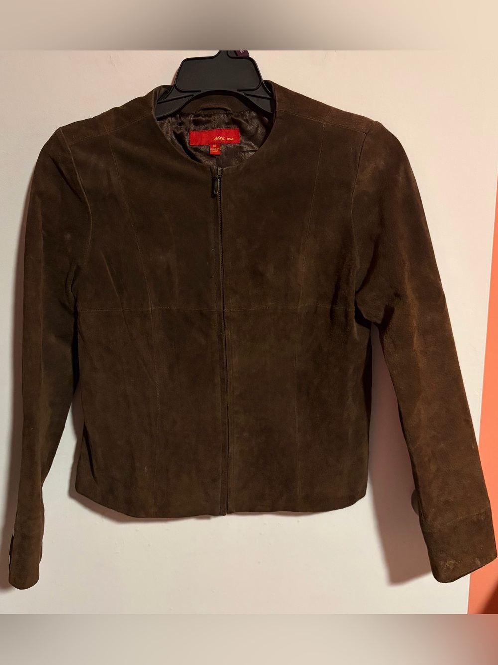 Max USA Brown Collarless Suede Leather Jacket